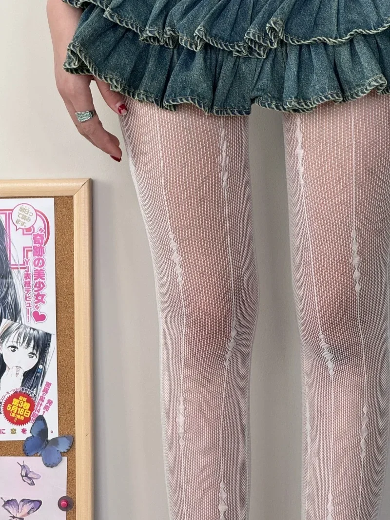 Doce branco collants feminino sexy fishnet maillard cor marrom meias lolita jk uniforme novo jacquard malha oco meia-calça