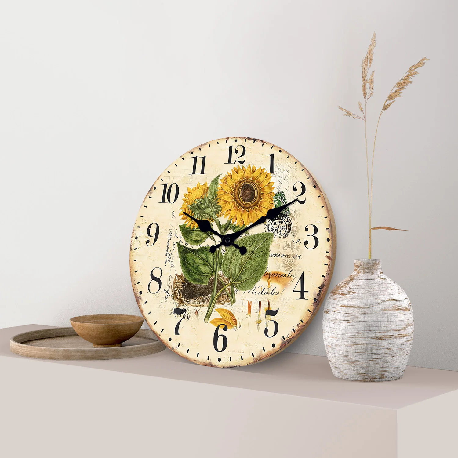 1pc Retro Wood Wall Clock, Two Sunflower Flower Design Wall Clock, Non-Ticking Silent Wall Clock, Home Living Room Decoration
