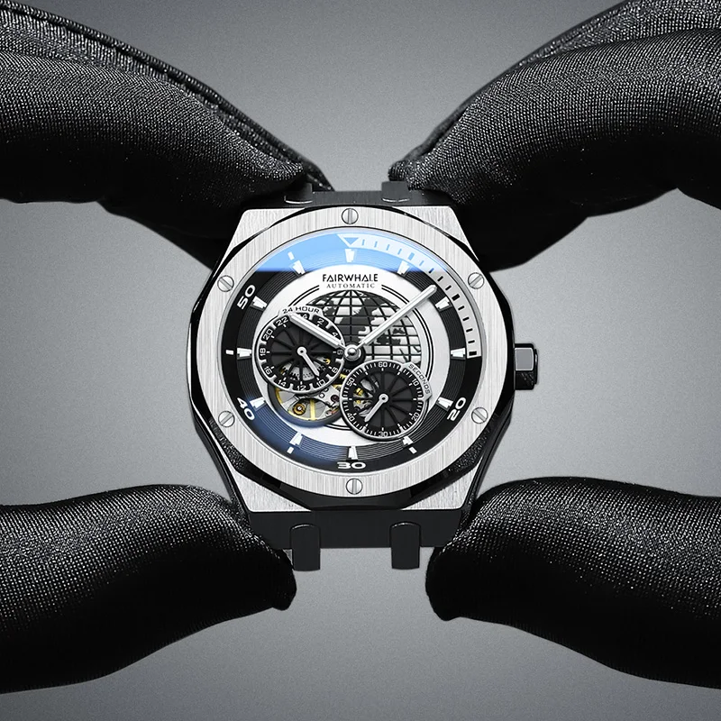 Mark Fairwhale Men Automatic Watch 42mm Sport Mechanical Wristwatch 50M Waterproof Luminous Skeleton Rubber Strap Planet dial