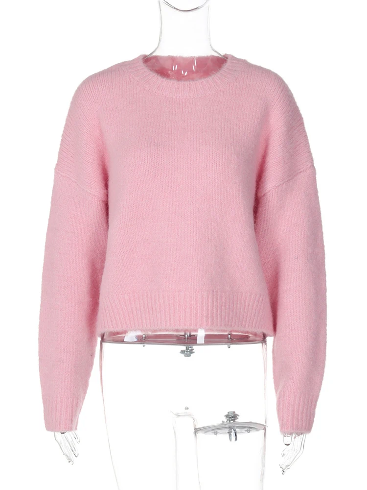 Fantoye Knitted Round Neck Pullover Women Sweater Pink Long Sleeve Solid Casual Sweater Female Winter New Warm Loose Streetwear