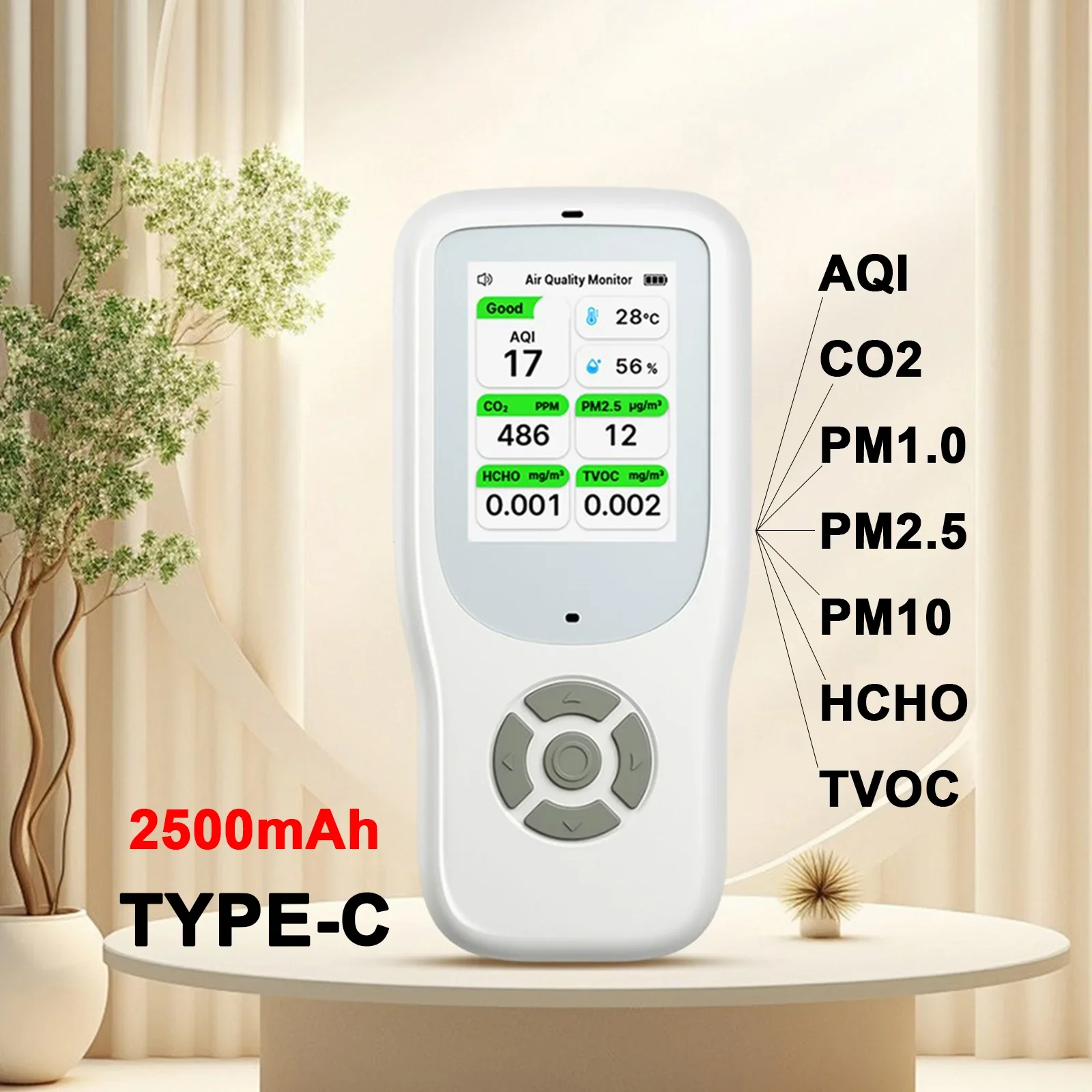 

10-in-1 Indoor Air Quality Monitor Handheld Multifunctional PM2.5 Temperature & Humidity Meter With Alarm High-Precision Sensors