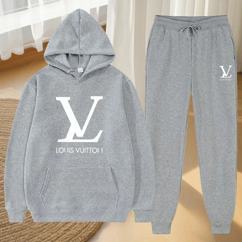 Conjunto esportivo de casal de outono e inverno masculino e feminino: moletom com capuz de manga comprida, moletom e calças compridas casuais da moda conjunto de 2 peças