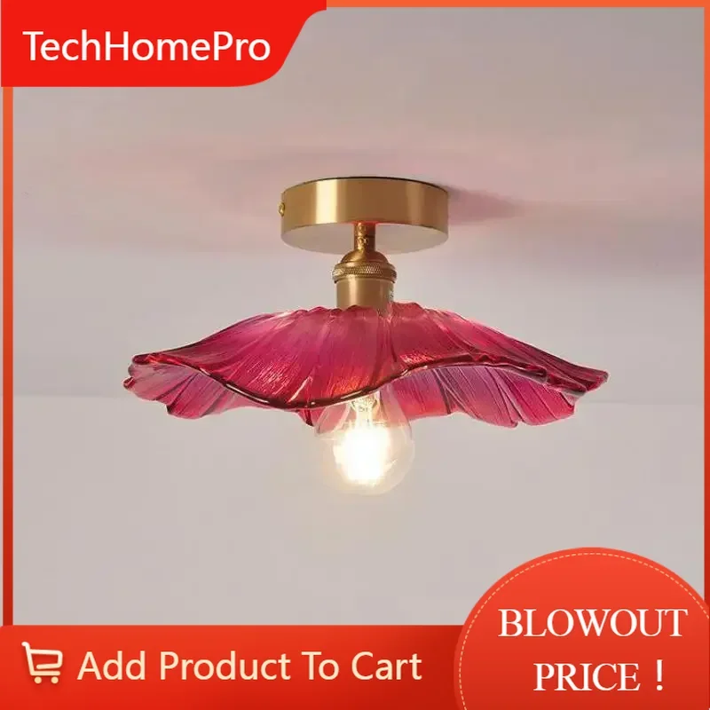 TechHPRetro Glass Flower Ceiling Light Nordic Personalized Brass Balcony Ceiling Lamp Corridor Porch