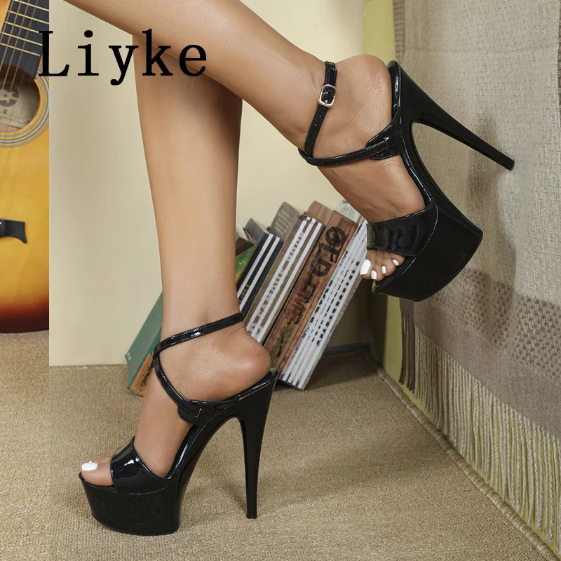 Liyke Summer 15 CM Super High Heels Sandals Women Platform Pumps Fashion Open Toe Buckle Strap Ladies Party Stripper Shoes Black