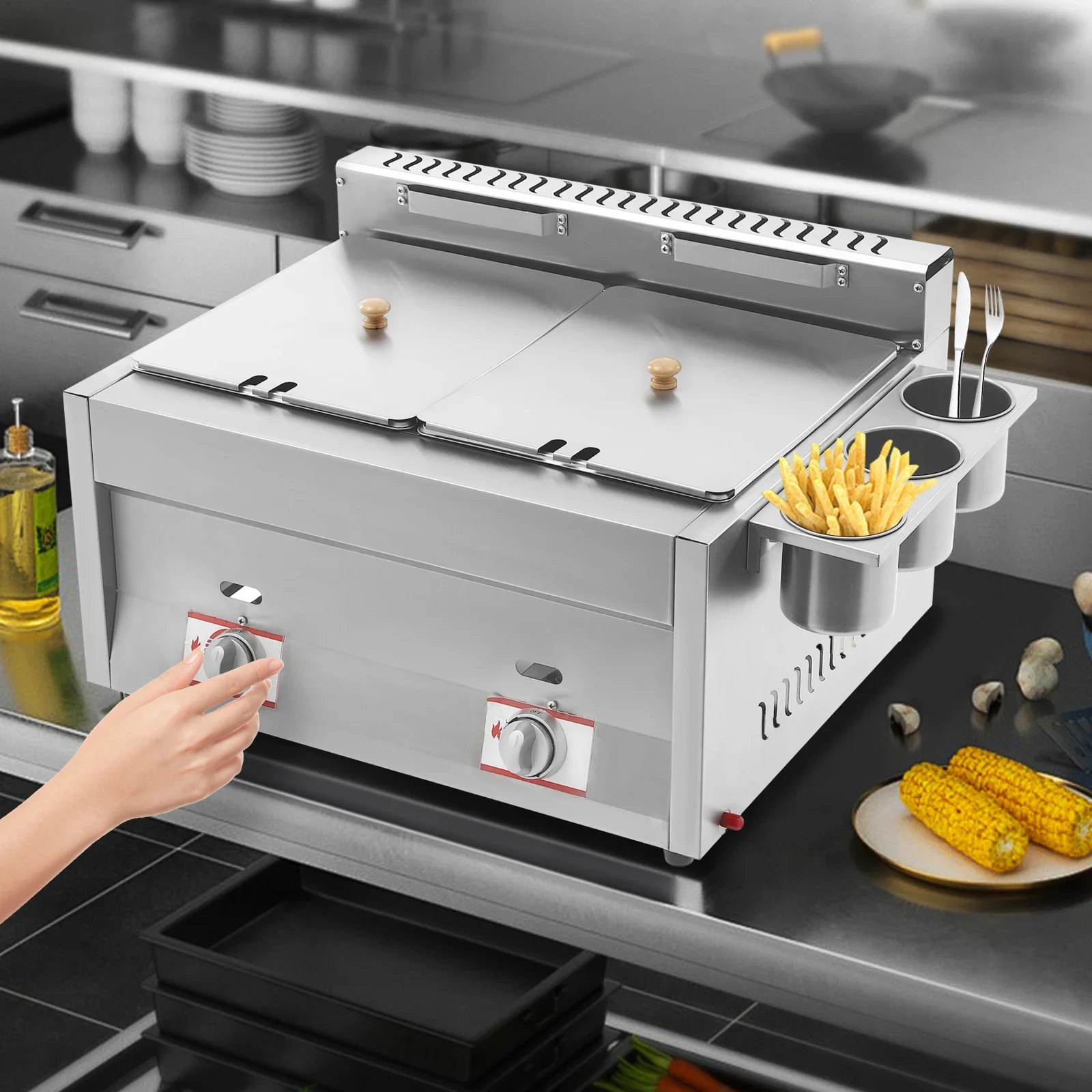 

Commercial Gas Deep Fryer, Stainless Steel Countertop Gas Fryer Cooker with Filter Baskets & Lids For Restaurant Home Kitchen