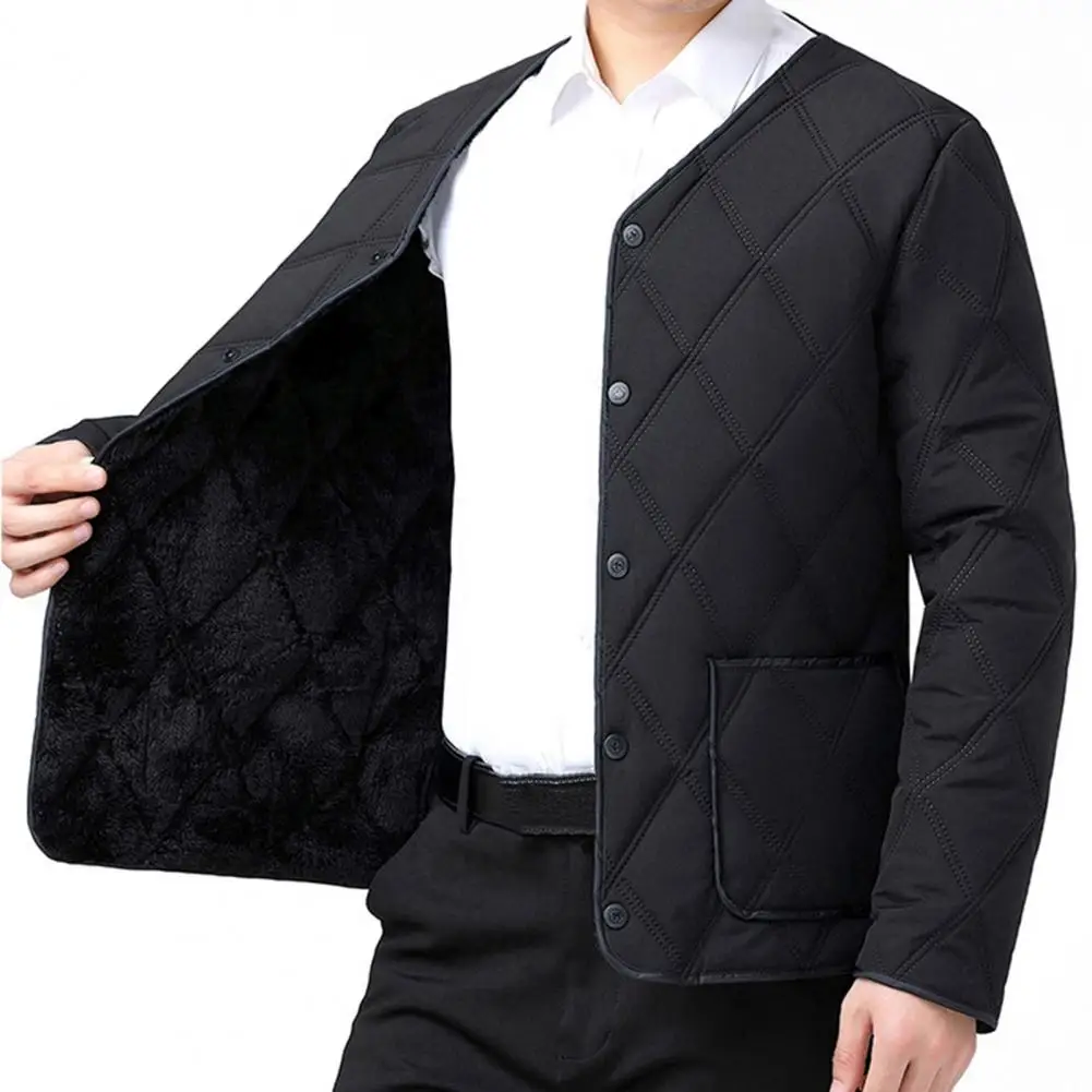 

Comfortable Men Jacket Stylish V-neck Collarless Men's Jacket with Plush Lining Large Pockets Solid Color Coat for Winter Warmth