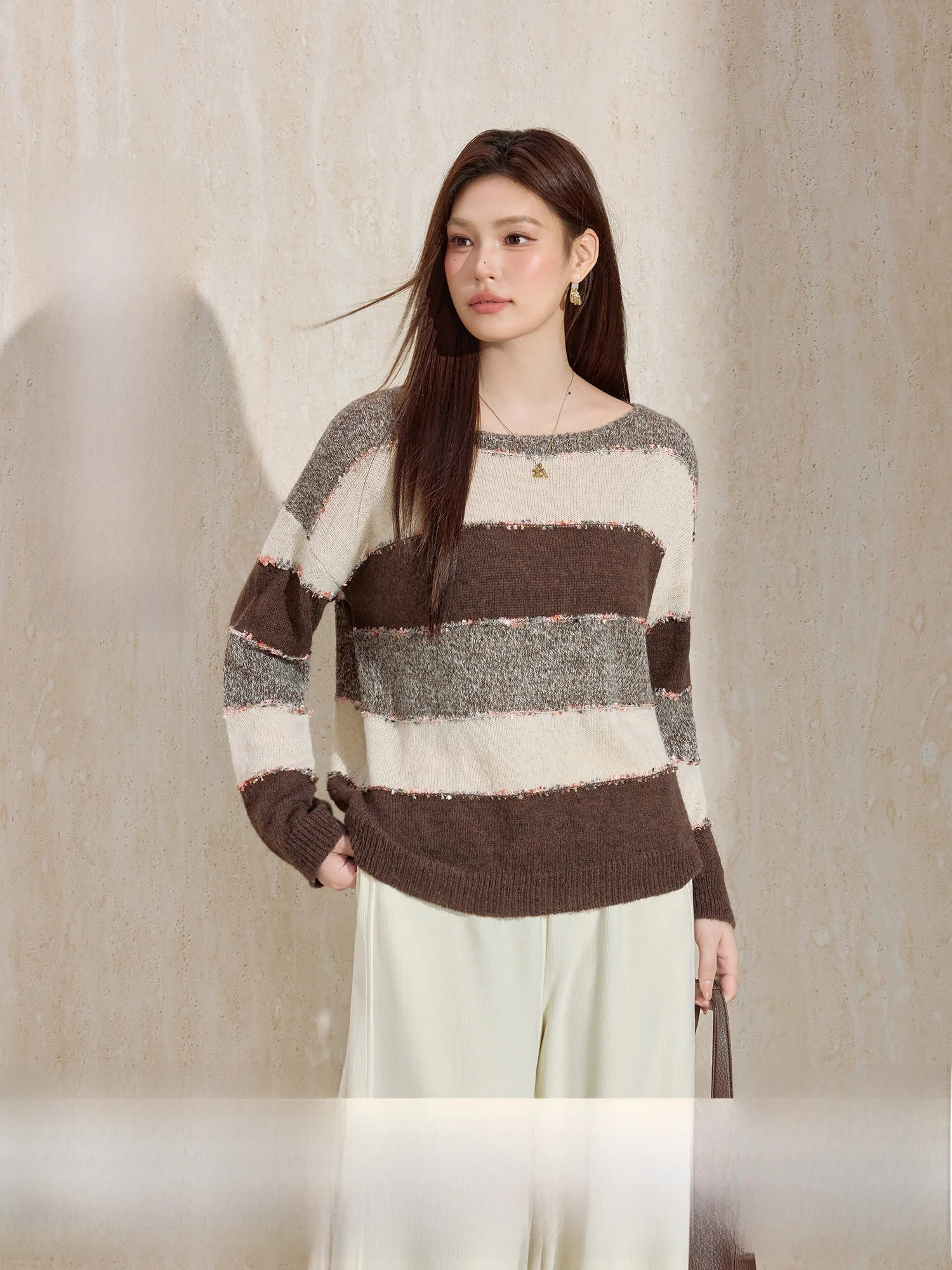 

Blue Language Large Size Retro Casual Color Blo Stripe round Ne Knitted Sweater Women's Loose Fit Winter New Sle Lazy Girl