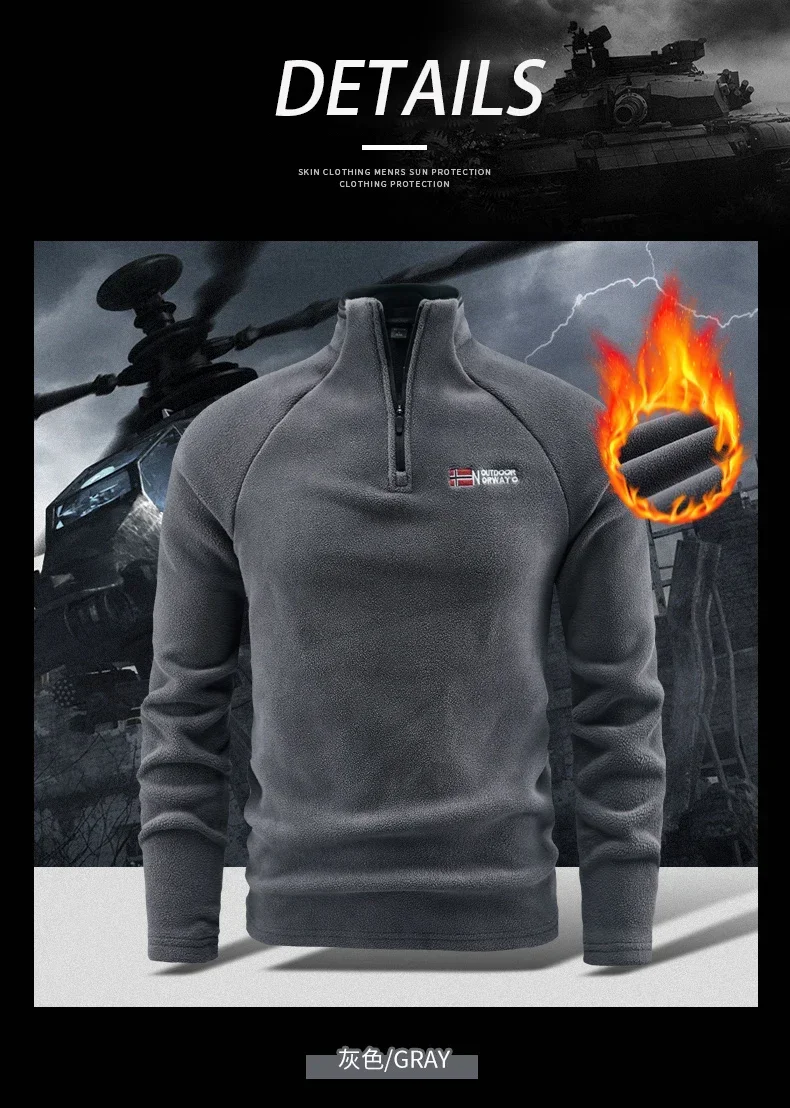 Herren-Sweatshirt aus norwegischem Polar-Fleece, Herbst-Winter-Pullover, dick, warm, mit Stehkragen, halbem Reißverschluss, lässig, langärmelig, Fleece-Oberteil – Detail 6