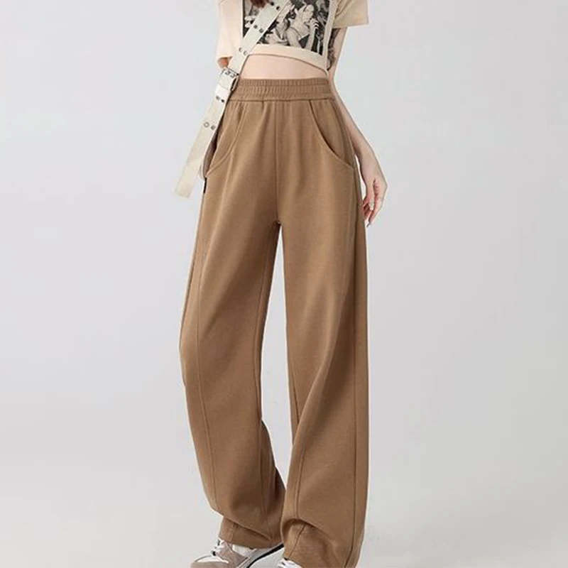 Spring Autumn Elastic Waist Solid Color Wide Leg Pants Women Loose Casual Fashion Straight Trousers Lady All-match Sweatpants