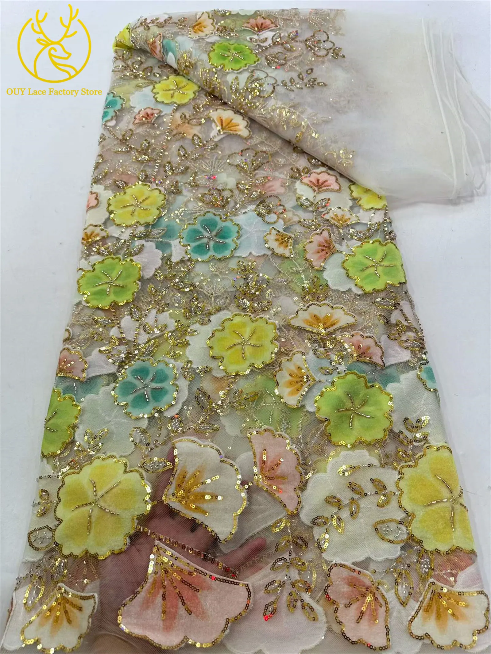Nigerianischer eleganter Perlen-Blumen-Spitzenstoff, 5 Yards, modischer französischer Spitzenstoff mit goldenen Pailletten für Brautkleider zum Nähen – Detail 10