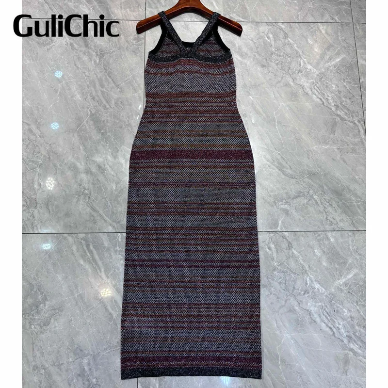 5.13 GuliChic Women High Quality Elegant Sheath Straps Dress Shiny Metallic U-Neck Sleeveless Slim Striped Knit Dresses Ladies