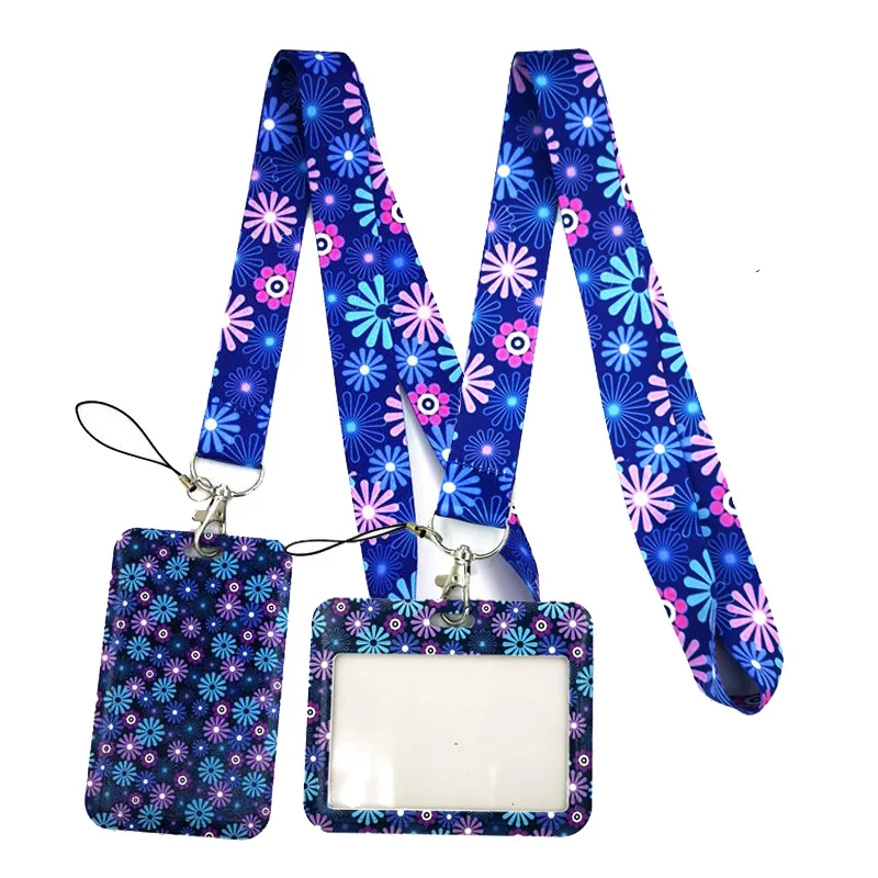 Purple Blue Flowers Neck Keychain Necklace Webbings Ribbons Anime Cartoon Neck Strap Lanyard ID badge Holder Keychain Lanyard