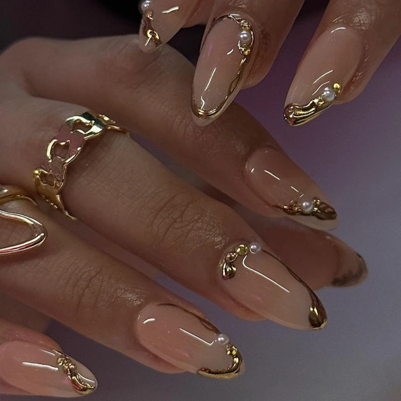24 Uds. De uñas postizas con borde dorado francés, prensa de almendra usable, decoración Simple de perlas, pegamento para uñas postizas, herramienta completa de manicura ins