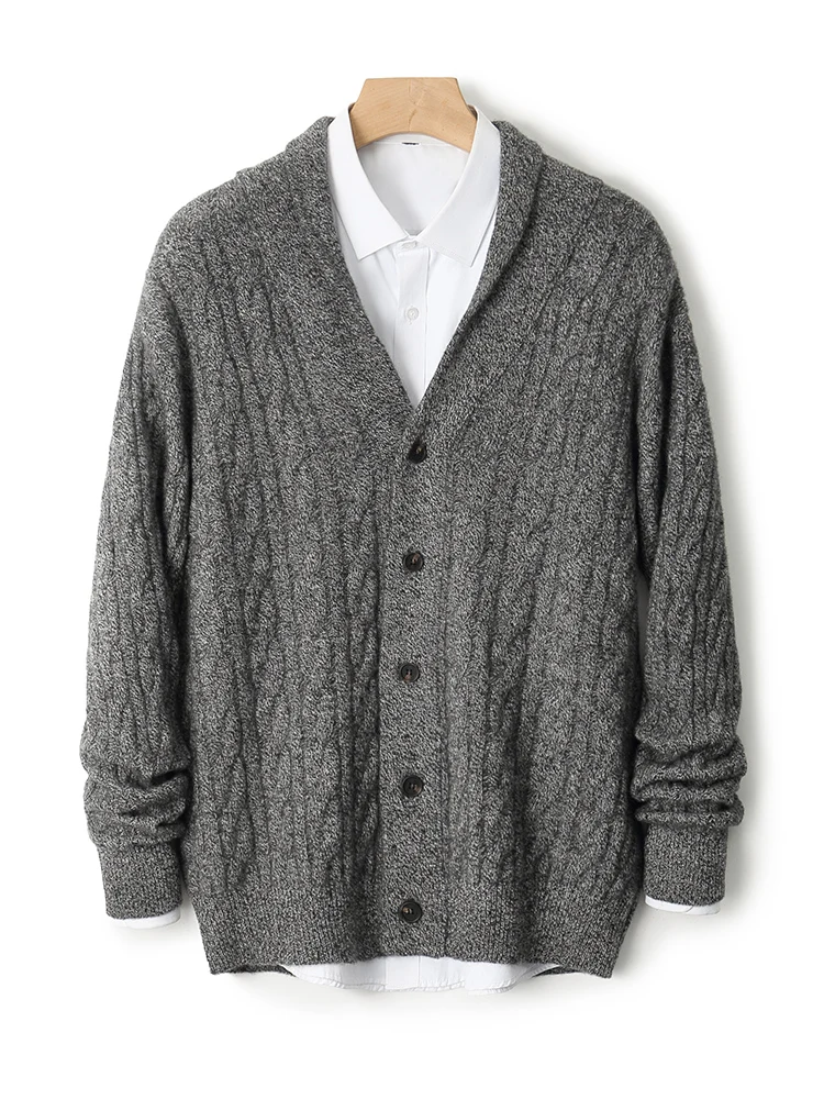 Thick Business Men's V-Neck Cardigan Cable Stitch 100% Merino Wool Knitted Sweater Warm Autumn Winter Casual Loose Clothing Tops