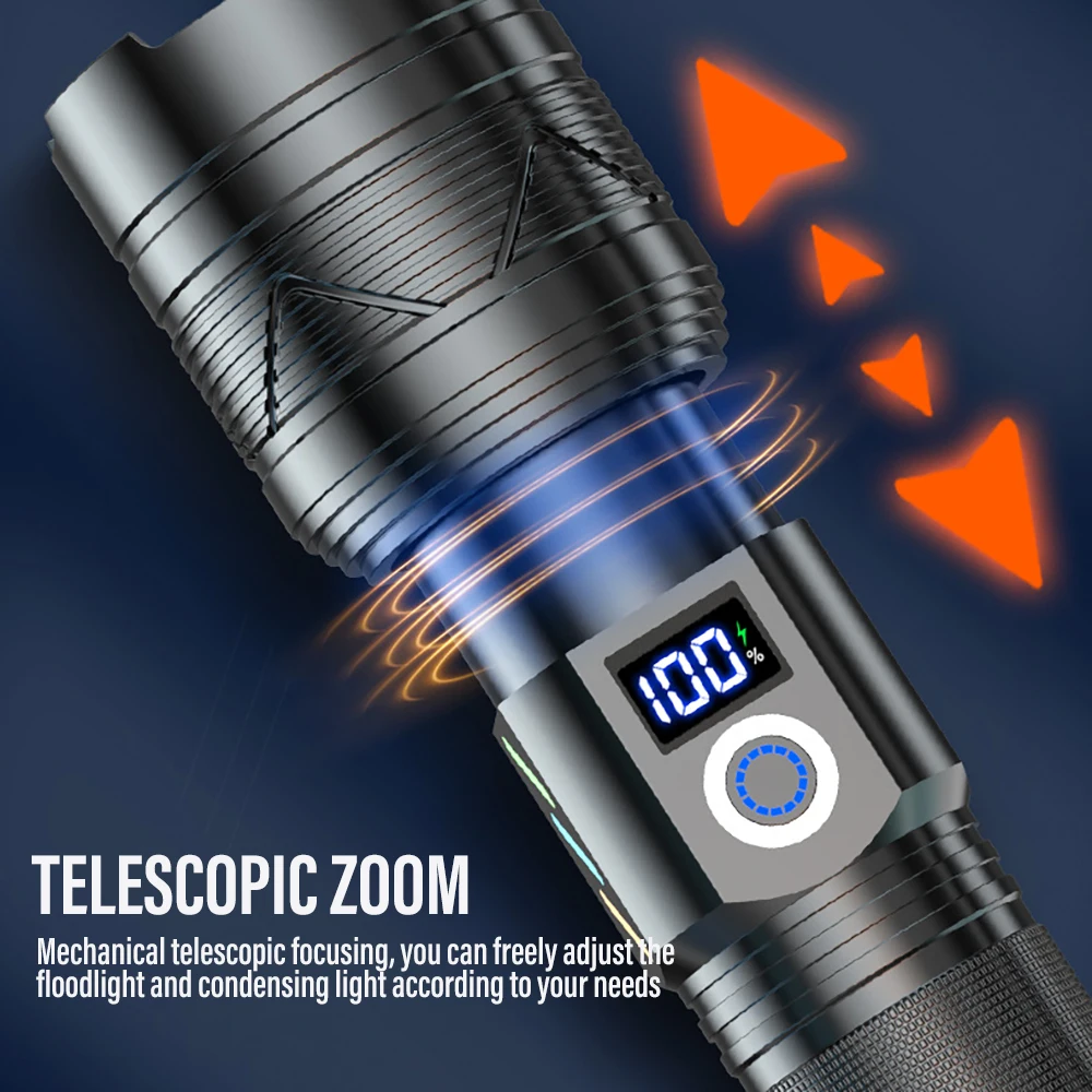 High Power Strong Light Long Range LEP Flashlight USB Charging 26650 Lithium Battery Outdoor Telescopic Zoom Super Bright Torch