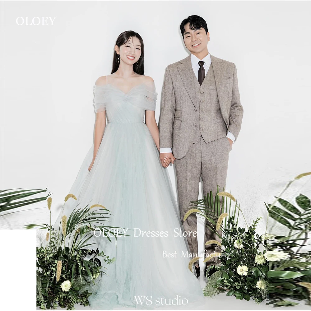 

OLOEY Princess Elegant Light Blue Tulle Evening Dresses Off Shoulder Korea Wedding Photoshoot Floor Length Formal Party Dress
