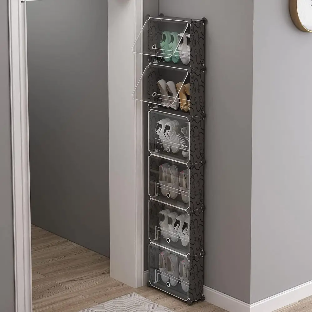 

6 Tier Shoe Rack Organizer with Cover, Slim Shoe Storage Cabinet, Behind The Door, Narrow Shoe Shel or Closet, entryway, Black