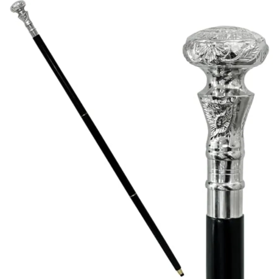 

Vintage Antique Walking Cane Wooden Walking Stick Silver Brass Handle Knob Gift, 39 Inch, Black