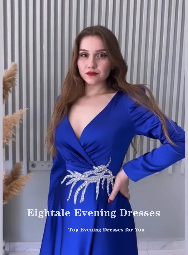 Eightale Arabic Evening Dress Satin Long Sleeves V-Neck A-Line Royal Blue Prom Gown Wedding Party Dress Vestidos De Noch