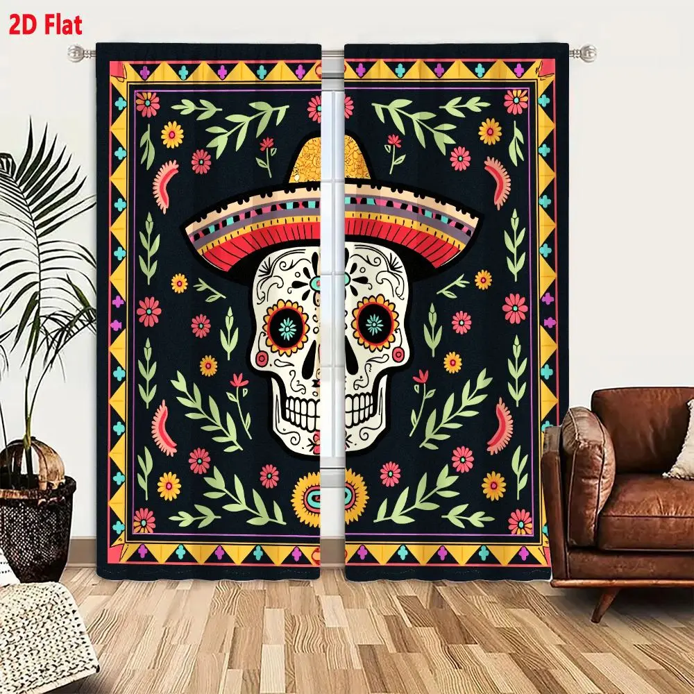 2Pcs Curtains 2D Flat Square Illustrative Sugar Skull Art With Ornate Sombrero And Floral Patterns On Navy Blue Background Windo