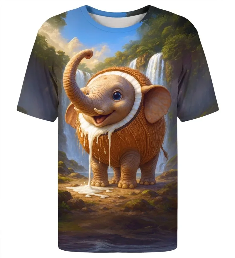 Brand New Quirky and Adorable Coconut Elephant Print T-shirt, Whimsical Fantastical Animal Tropical Waterfall Jungle Art T-shirt