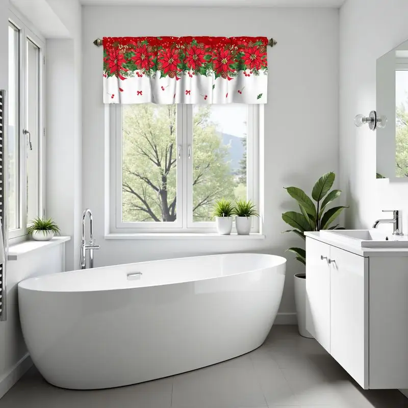 VIKAMA Red Poinsettia White Scallop Bow Border Christmas Short Window Curtain Elegant Floral Classic Holiday Festive Home Decor