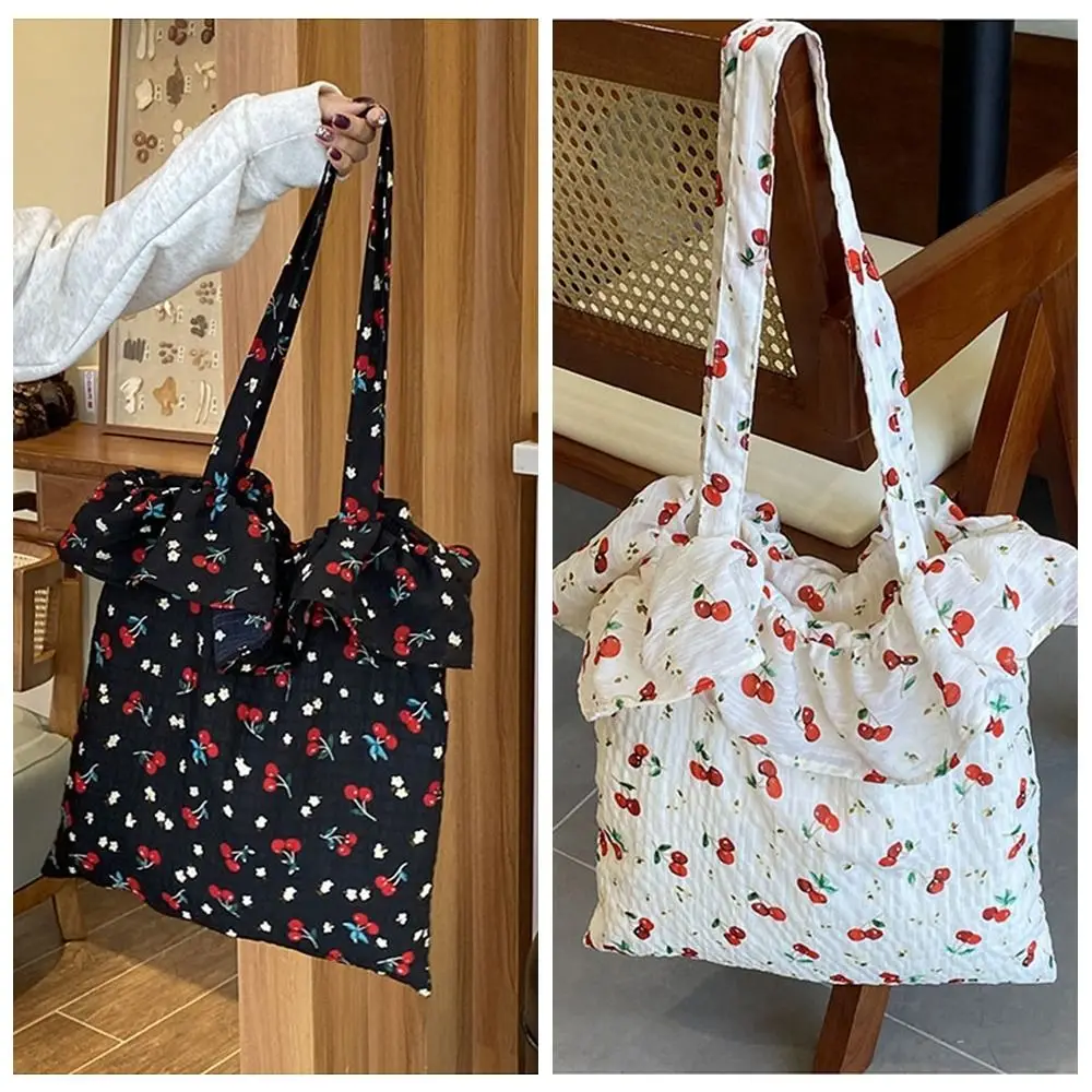 Fashion Flower Chiffon Shoulder Bag Large Capacity Ruffles Mesh Handbag Korean Style Commuting Bag Cherry Tote Bag Women