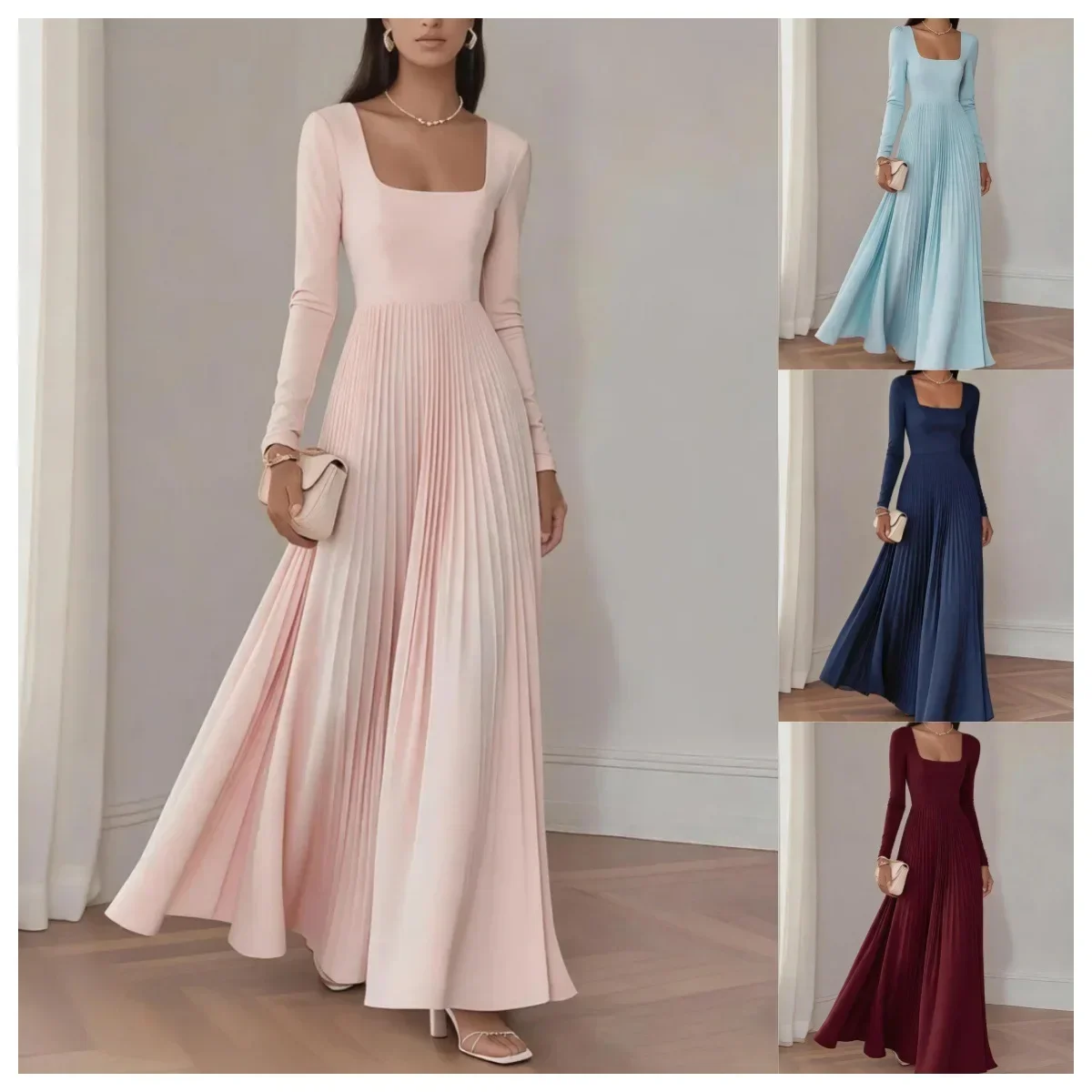 Modisches Maxikleid mit eckigem Ausschnitt, langen Ärmeln, enganliegendem Oberteil, hoher Taille und plissierter Rockpartie – Kleid für Hochzeitsgäste – Detail 2