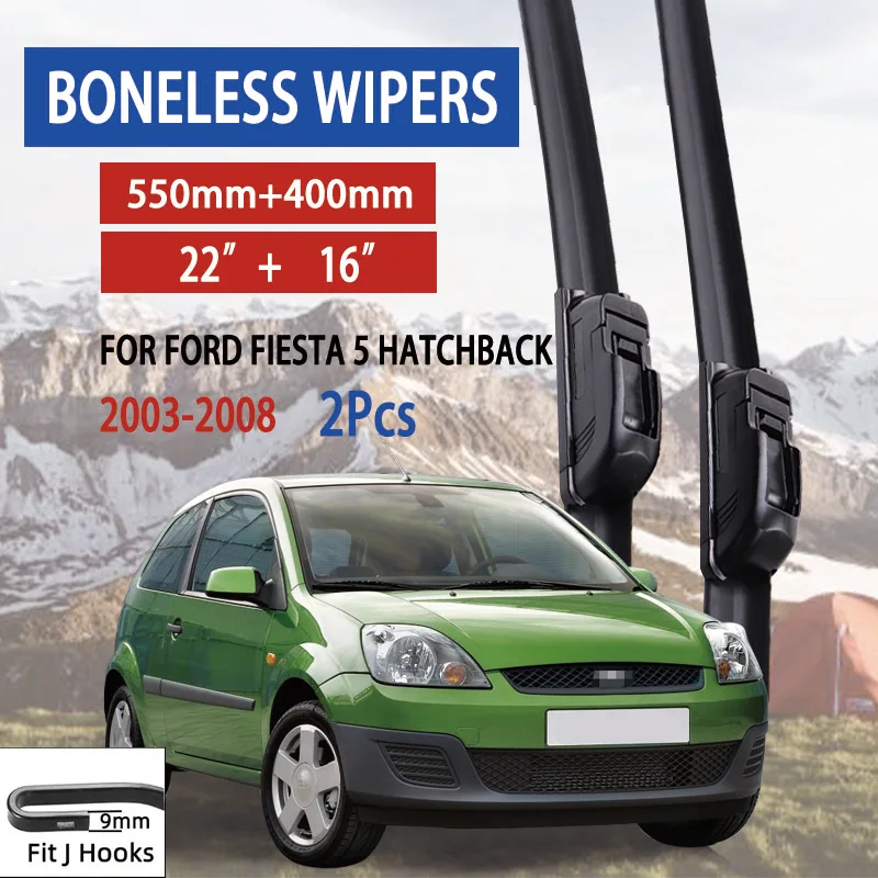 

For Ford Fiesta 5 Hatchback 2003-2008 Car Windshield Wiper U-type Soft Rubber Frameless Bracketless Car Wipers 22"+16"