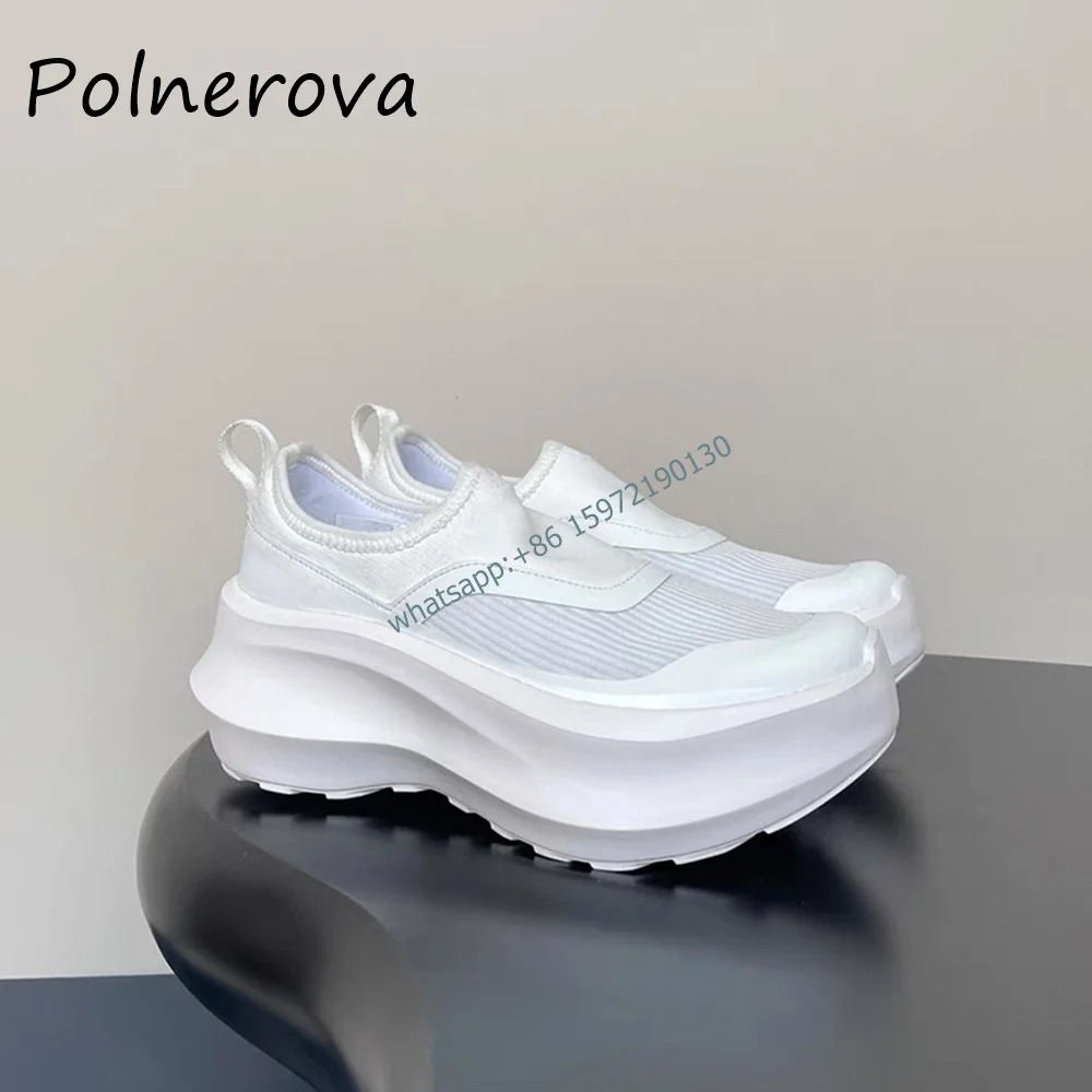 Platforma Prawdziwa Skóra Air Mesh Trampki Okrągłe Toe Slip On Oddychające Wygodne Buty 7Cm Wysokie Zwiększenie Urocza Dziewczyna Solidne Buty