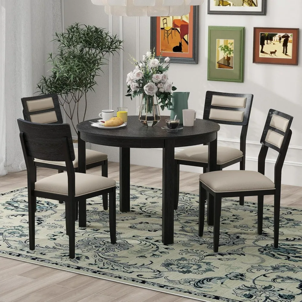 

Farmhouse Wooden Dining Set of 5, 56 inch Extendable Kitchen Table with Two Drawers, 4 Chairs with Backrest, Easy Assemble Black