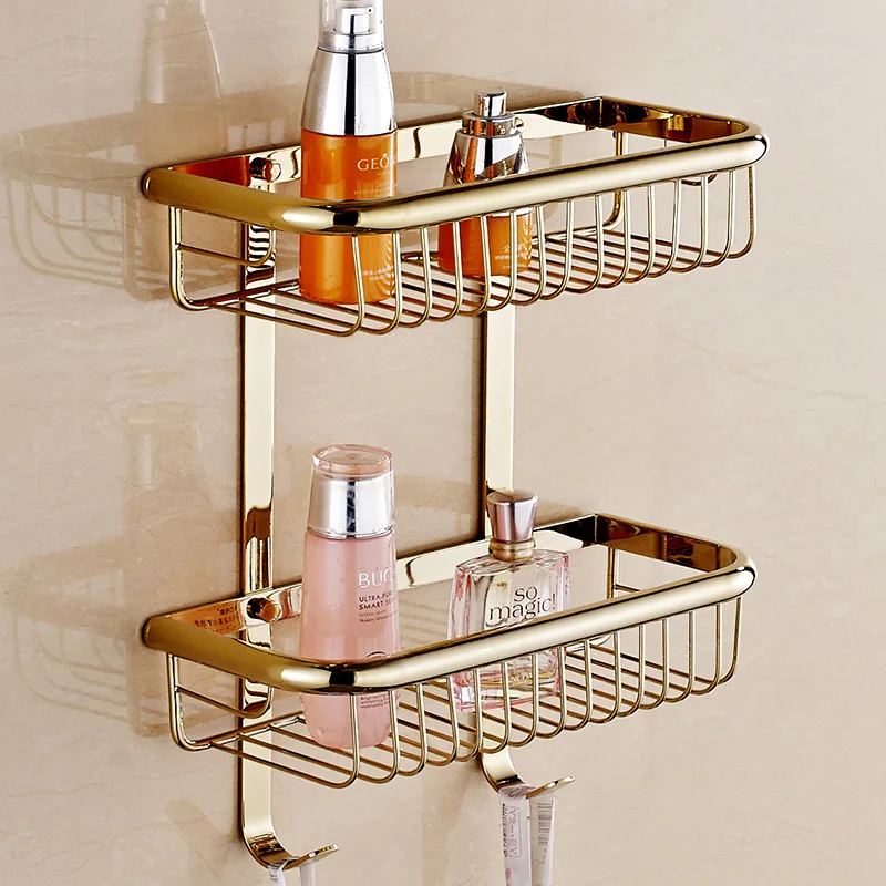 BAKALA Brass Bathroom Shelves With Robe Hook 2-Tier Bathroom Storage Basket Wall Mount Bathroom Shelf BR-6