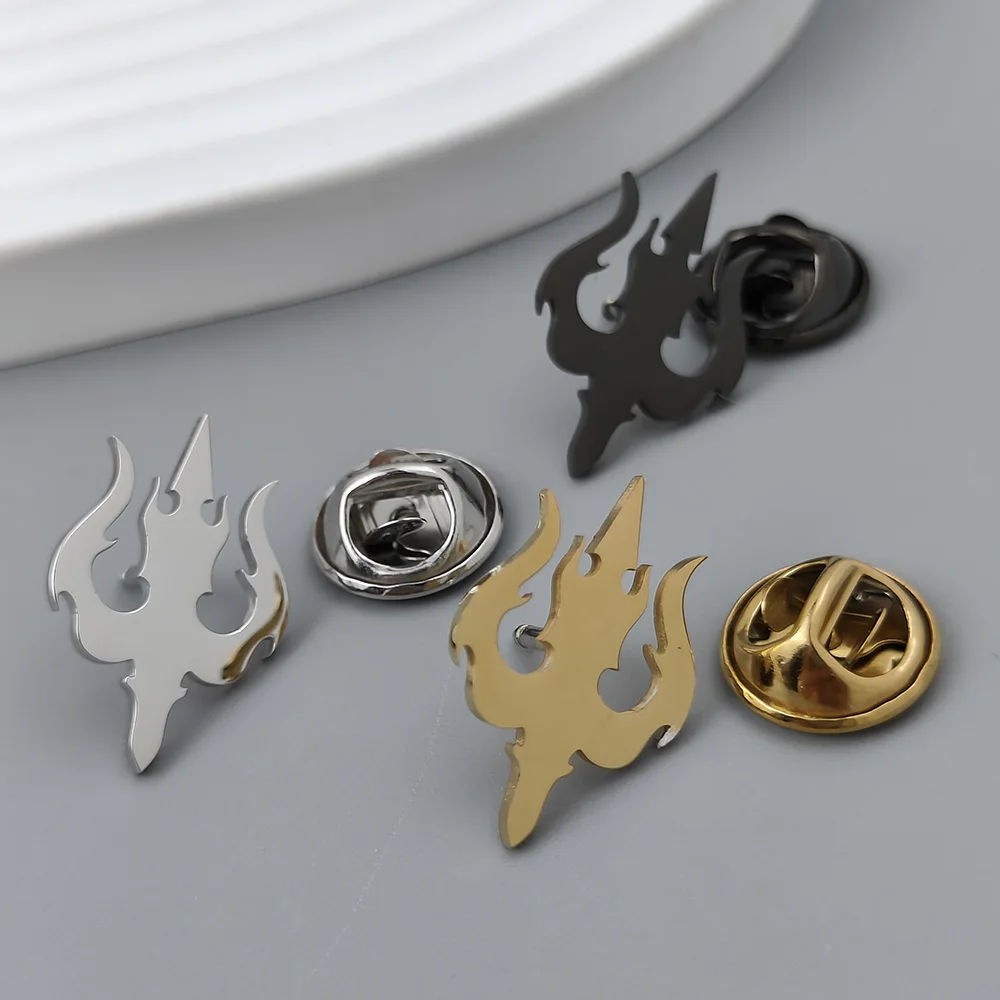 New flame trident lapel pin, fashionable stainless steel badge, retro style brooch suit accessories, suitable for party wear