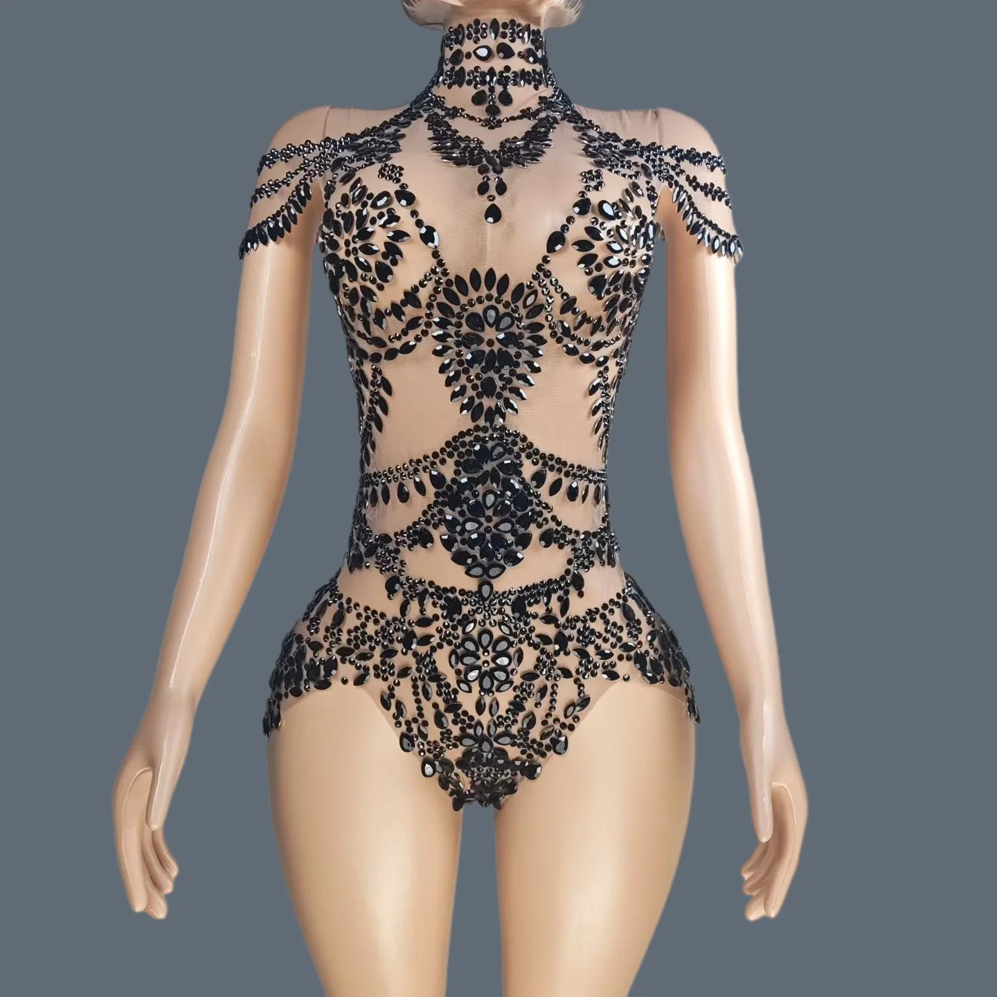 

Sparkly Crystals Transparent Mesh Women Bodysuit Birthday Party Sexy Leotard Drag Queen Performer Wear Club Show Outfit Wuniang