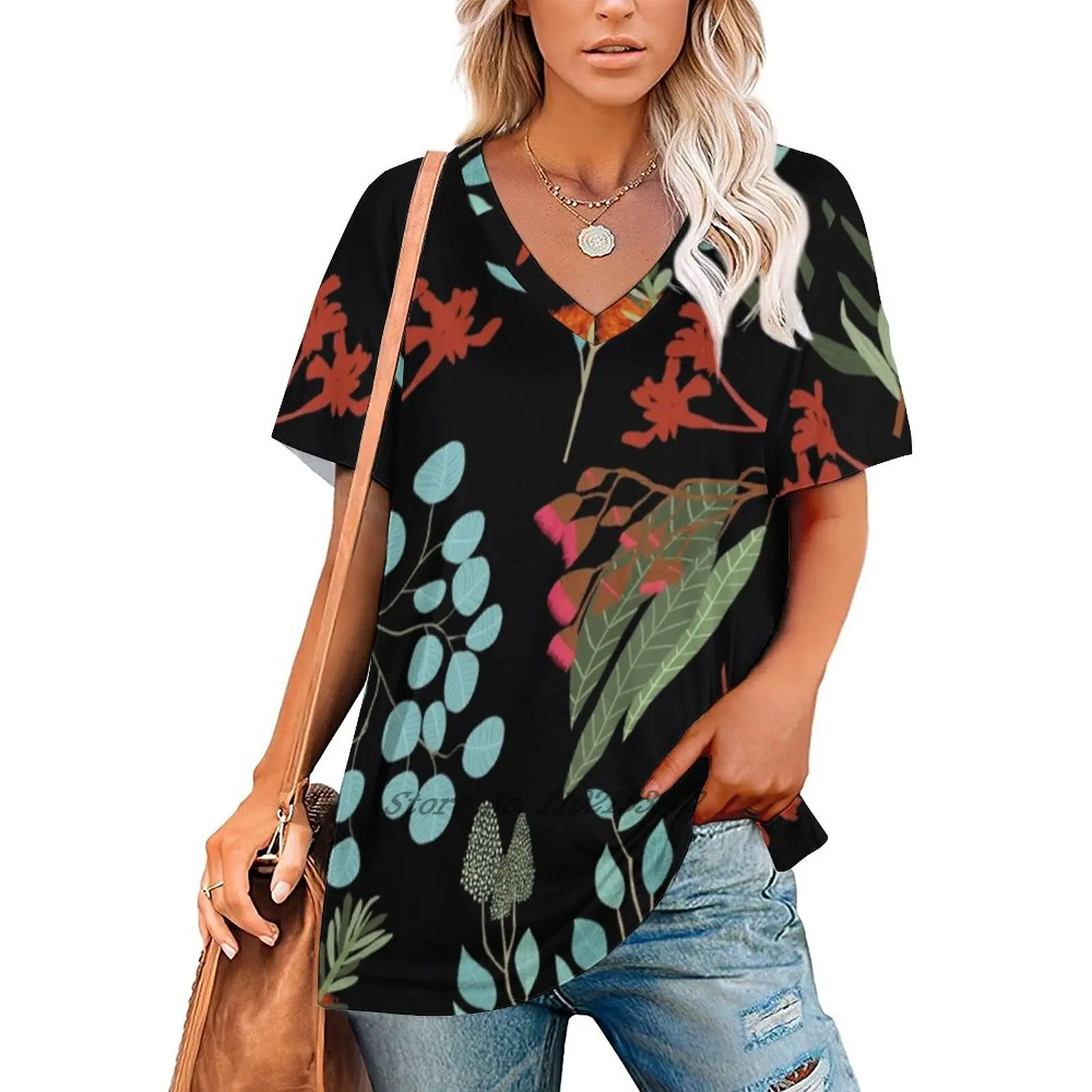 Australian Botanicals - Black Women's T-Shirt Casual Short Sleeved Tops V-Neck Zipper Tee Ladies Loose T Shirts Pattern