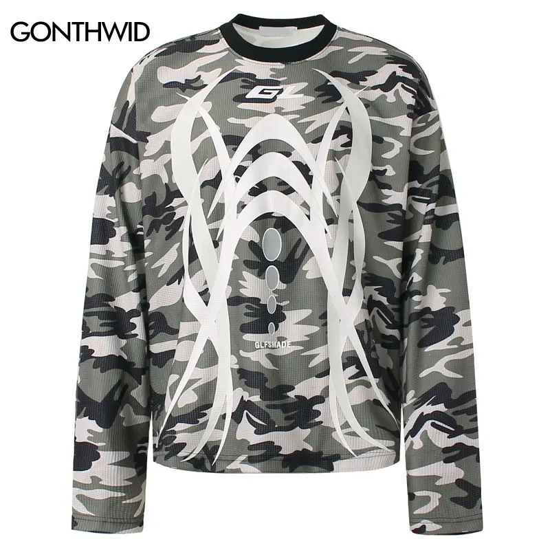 

Hip Hop T-Shirt Grunge Graphic Printed Camouflage Waffle Long Sleeve Shirts Streetwear Harajuku Punk Gothic Casual Loose Tshirt