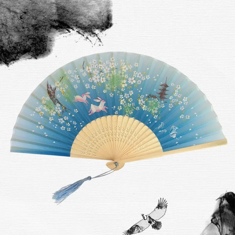 Vintage Silk Folding Hand Fan Bamboo Chinese Fabric Fan Pattern Art Craft Japanese Decoration Home Bride Folding Hand Fan