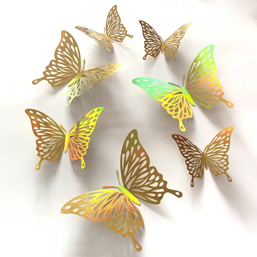 24 unids/set pegatinas de pared de mariposa dorada calcomanías de mariposas huecas 3D para manualidades DIY pared de habitación hogar decoraciones de cumpleaños de boda