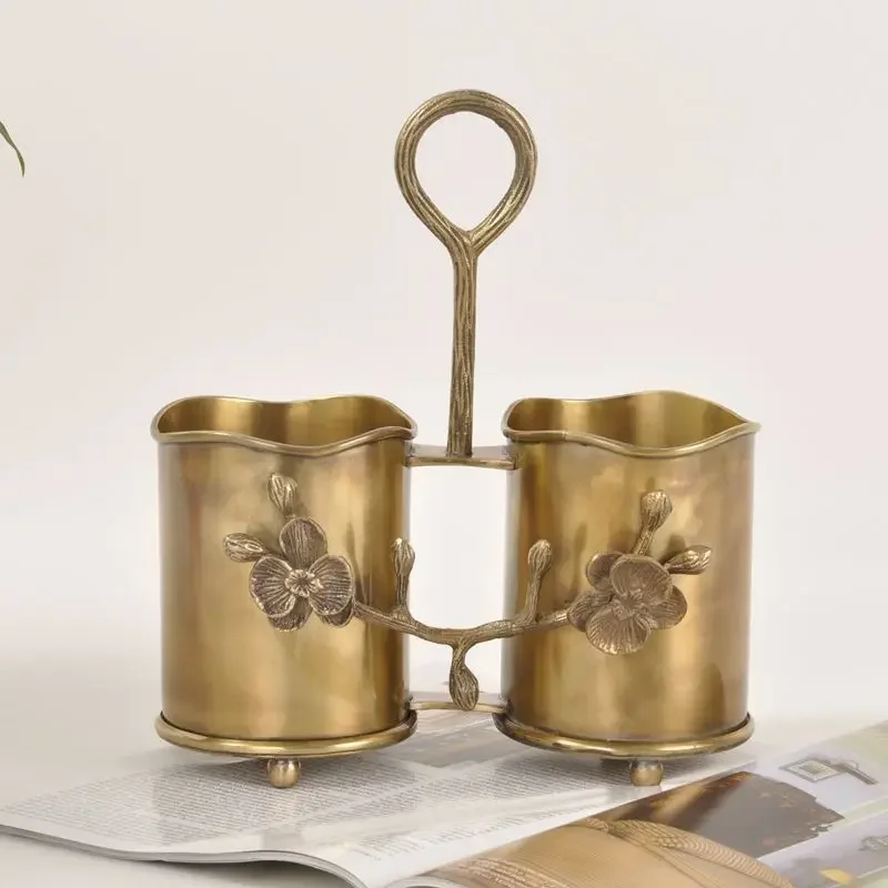 Retro Brass Handle Tableware Bucket Light Luxury Model Room Tableware Storage Bucket Home Decoration Ornaments