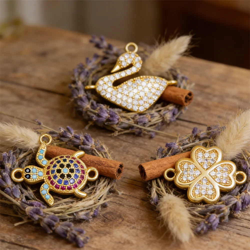 

2Pcs Link Connectors Brass Colorful Zircon Shamrock Turtle Swan Charms DIY Jewelry Necklace Bracelet Making Openwork Accessories