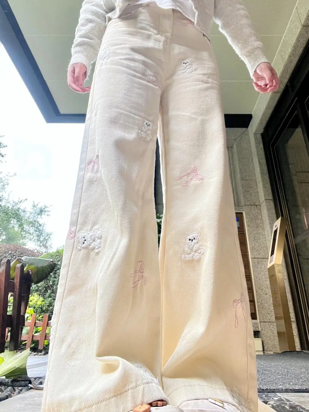

Retro American Bear Embroidery Wide Leg Jeans Women's Spring Autumn Design Versatile Slimming Long Pants Casual Style High Waist
