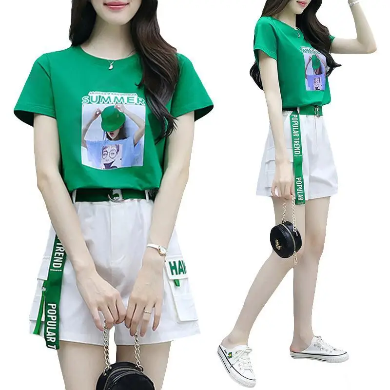 Korean Style Personalized Printing Short-sleeved T-shirt Work Shorts Two-piece Elegant Women\'s Pants Set Summer Outfits