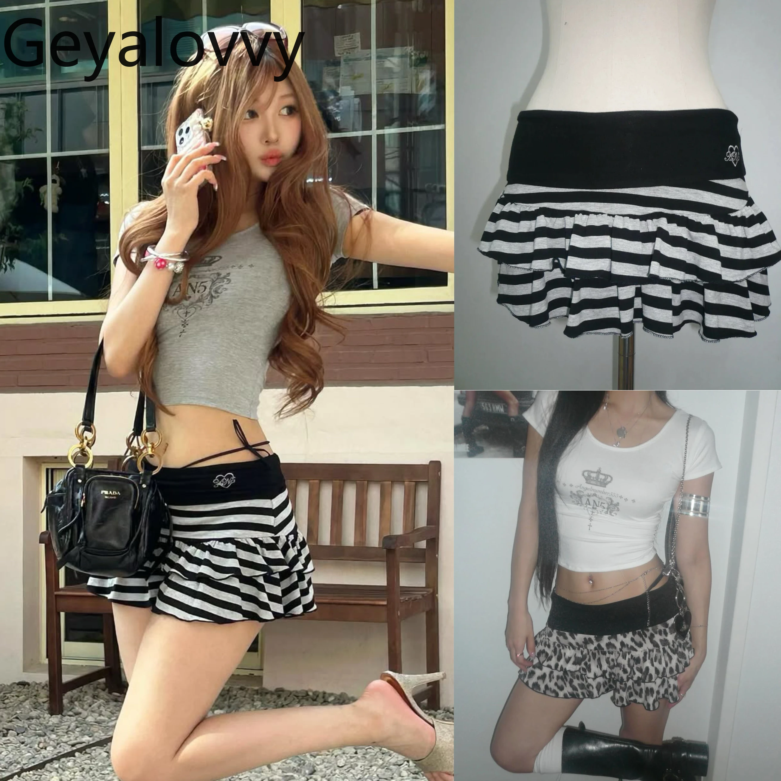

2025 Summer Girl Korean Niche Design Striped Cake Short Skirt Sweet and Cute Fashion Elasticity Waist Mini Skirts for Women