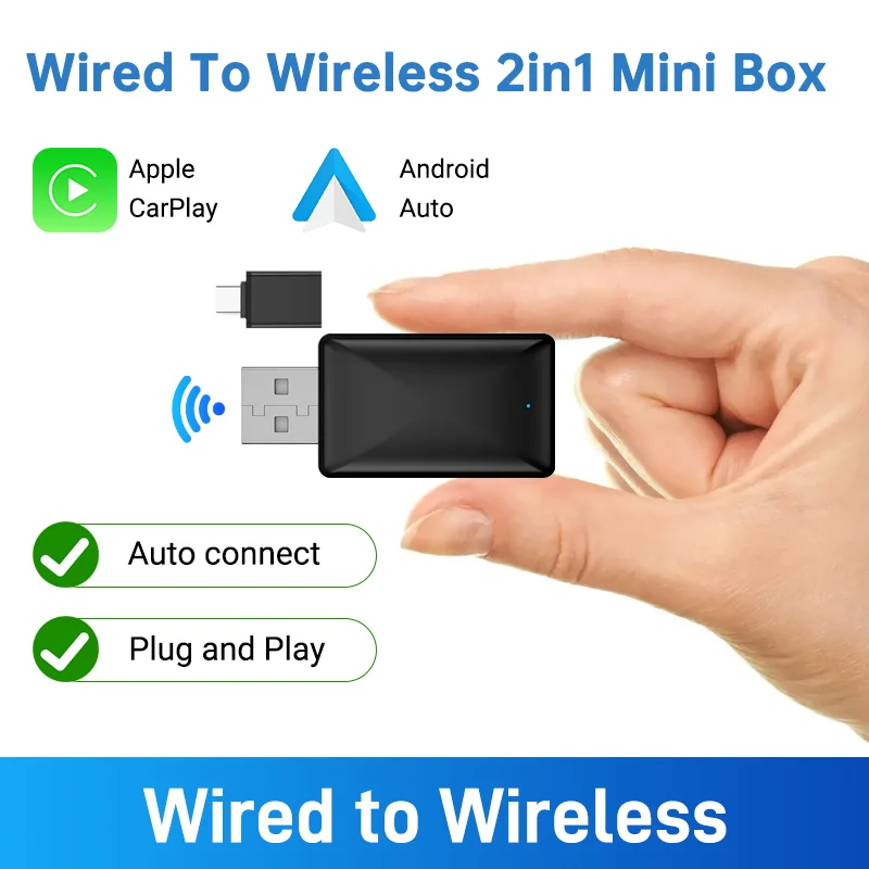 Wired to Wireless Carplay&Android Auto Mini Box 2in1 Mini Adapter Plug And Play Bluetooth WiFi Auto Connect Compatible with 99%