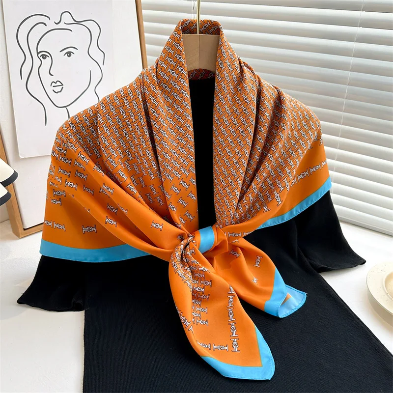 Korean Popular Shawls Europe America Fashion Bandannas Print Sunscreen 90X90cm Kerchief Four Seasons Luxury Square Silk Scarves