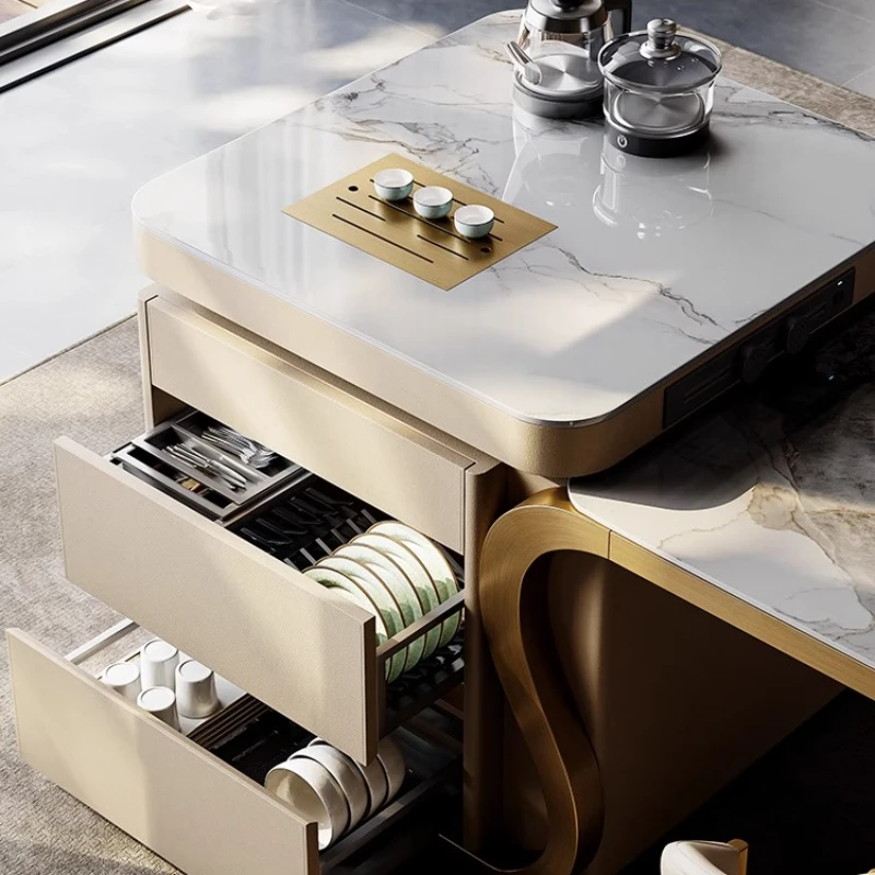 High End Island Dining Table Integrated Retractable Household Large Villa Pull Out Rock Board Rectangle Multifunctional Tables