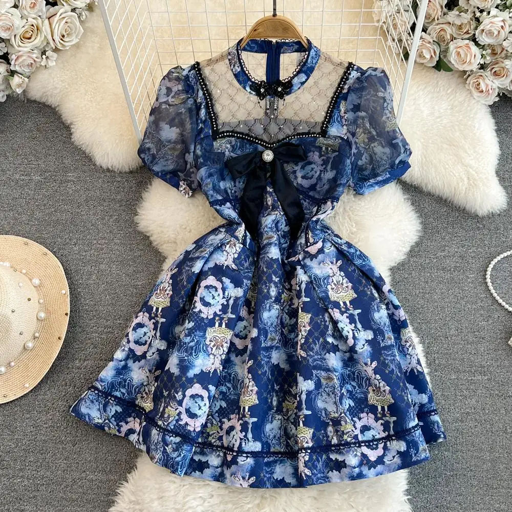 

Runway Designer Seqiuns Mesh Embroidery Patchwork Beading Dress Women Puff Sleeve Bow Deco Floral Print Mini Dress N6993