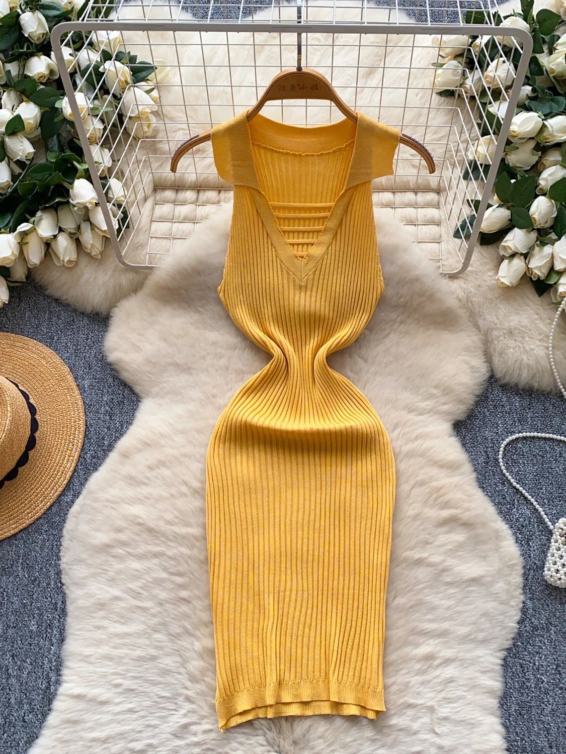 Retro Hollow out  Ne Svel Hanging Ne Dr Women Slimming Pure Desire Bodycon Knitted Dr mid Length a Line