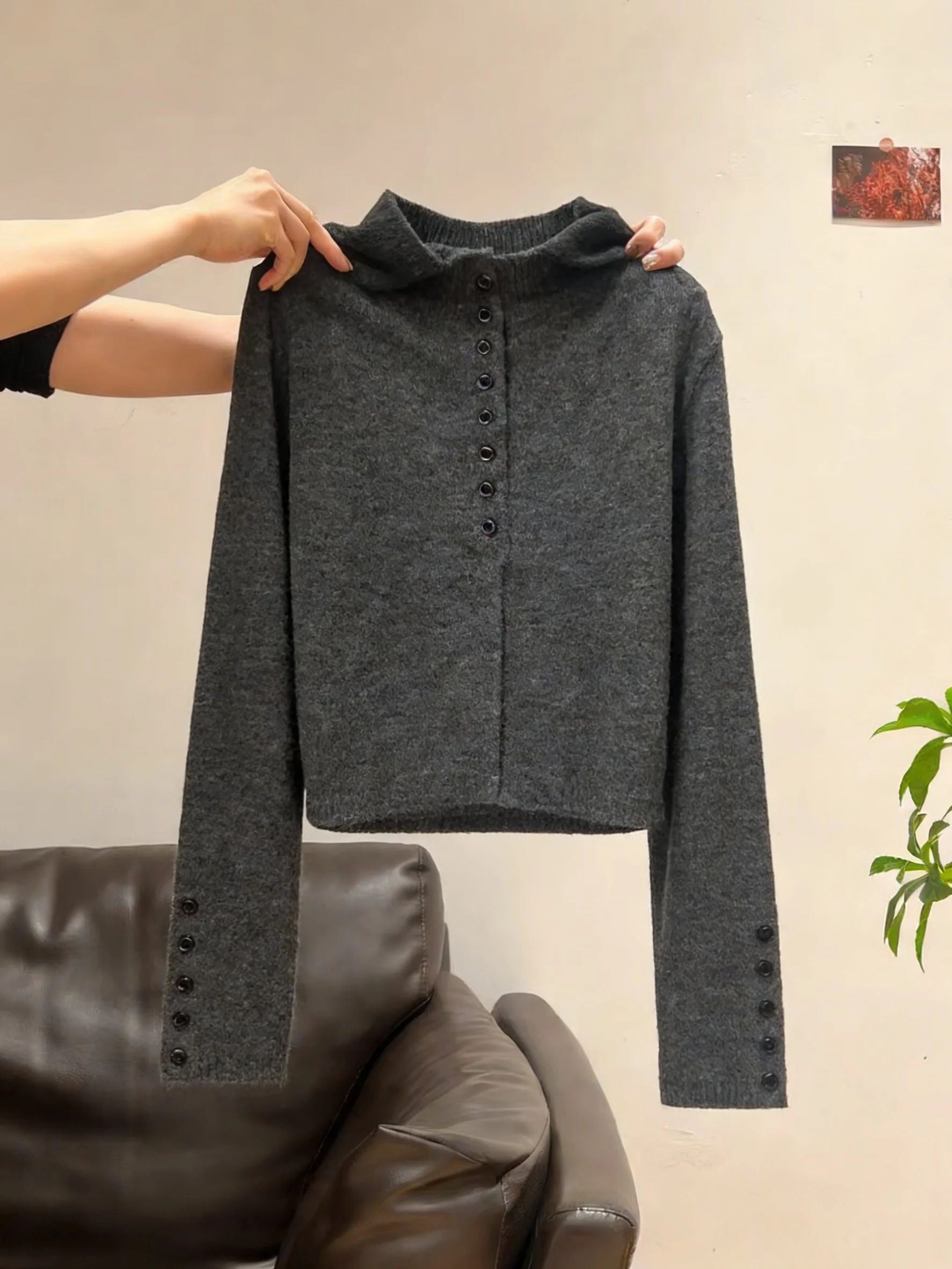 

American Retro Long Sve High Collar Button T-irt Women's Spring Autumn Slim Fit Base irt Top Casual Sle Knitted Sweater