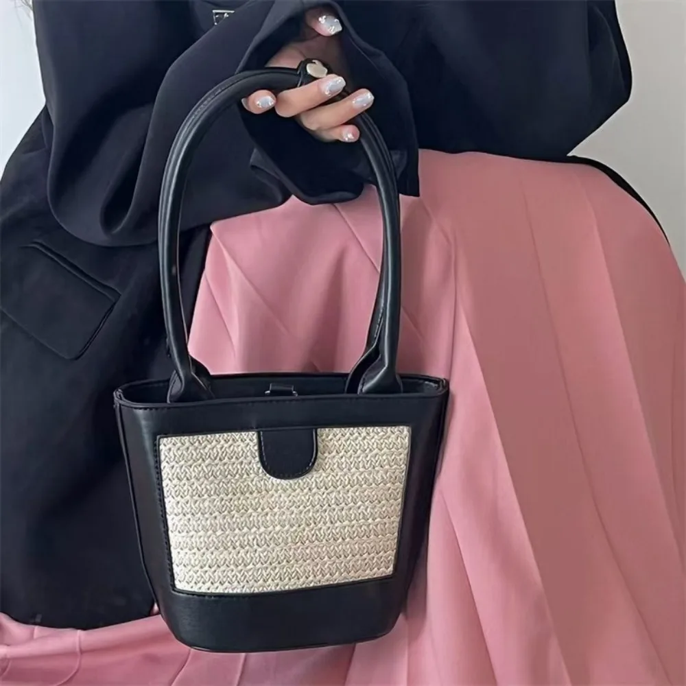 

Ретро ПУ тканая сумка-ведро, дышащая большая вместительная женская сумка-ведро, корейский стиль, соломенная сумка на плечо с защитой от брызг воды